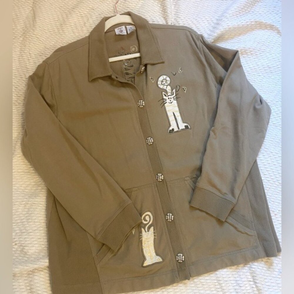 Onque Casuals Women's Tan Button-Up Cotton Jacket With Cat Appliqués Size L - Picture 3 of 6